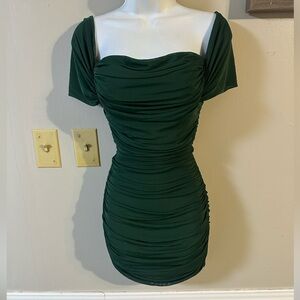 Dark Green Ruched Short Dress with Square Neckline